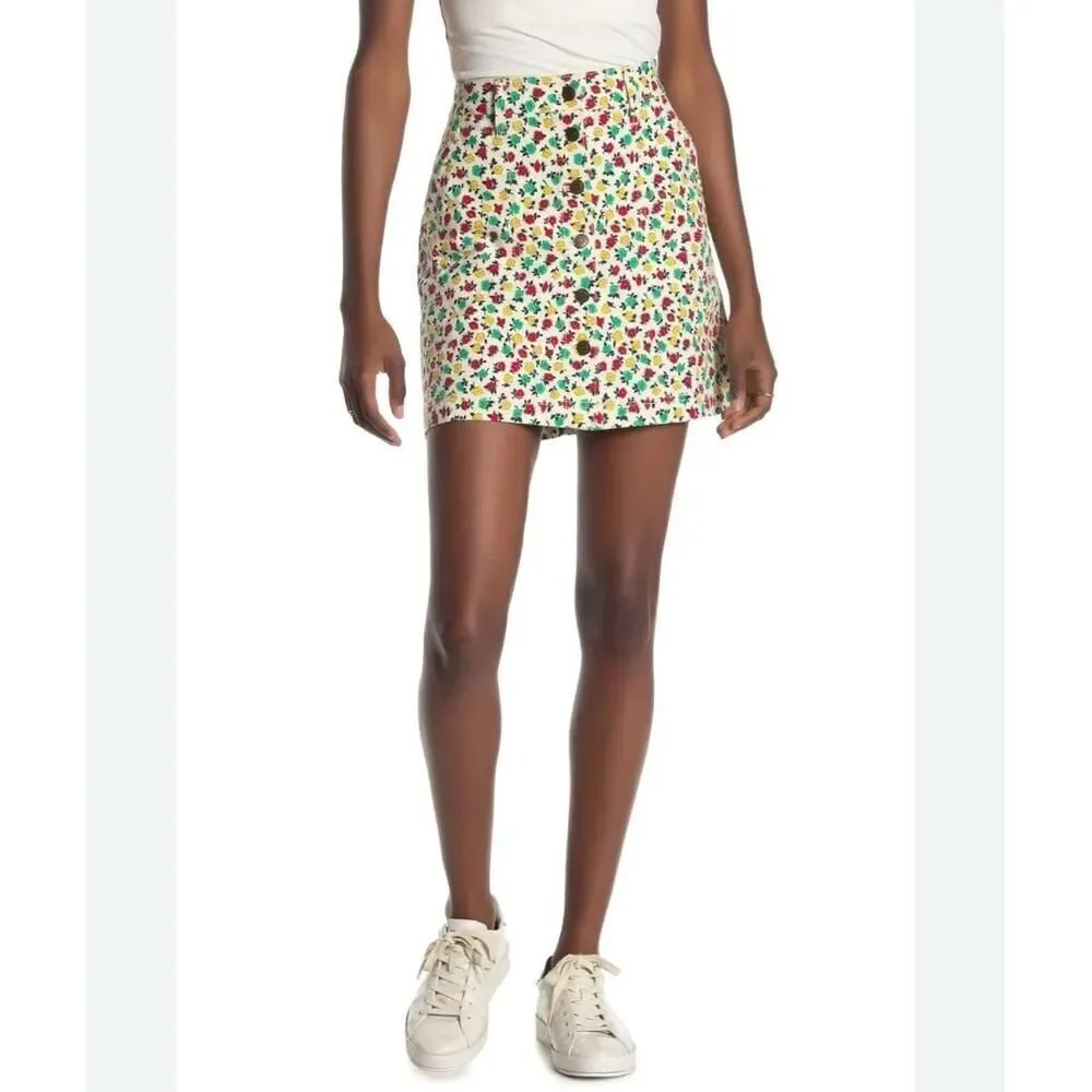 J.Crew Mini Skirt Size 8 Cream Floral Button Front Printed Cottagecore Summer
